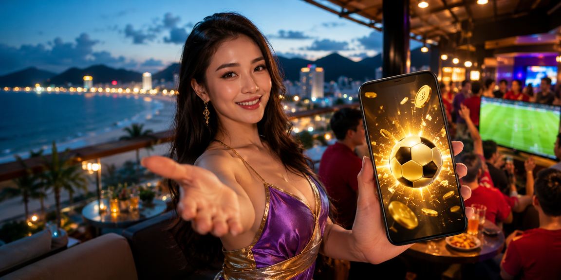 Cảnh biển Đà Nẵng về đêm, người chơi nhận thưởng rebate High Roller và kiểm tra tài khoản 6427 trên điện thoại